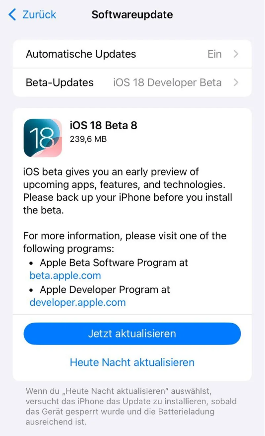 麻城苹果手机维修分享苹果 iOS / iPadOS 18 开发者预览版 Beta 8 发布 